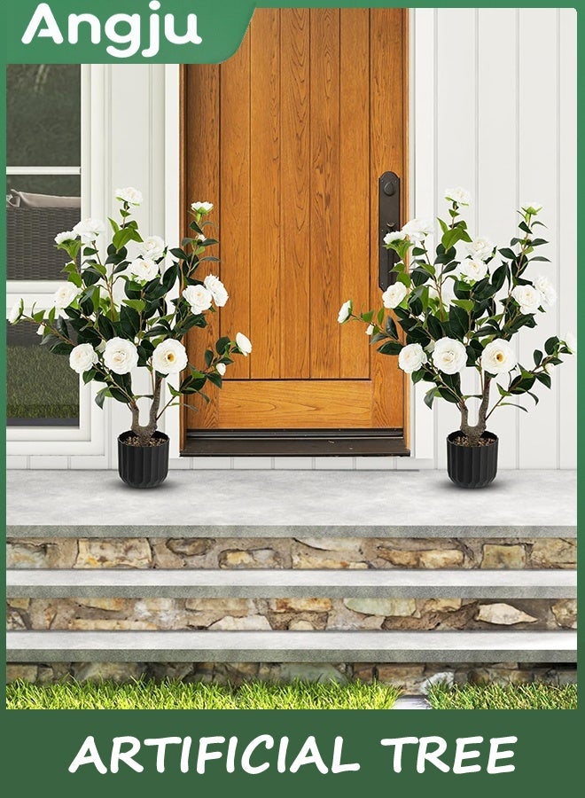 انججو شجرة اصطناعية، النباتات الزهرية شجرة الكاميليا الاصطناعية، النبات الزهري الزهري الزهري الشجرة في وعاء الأسمنت، الخضراء وعاء النبات للمكتب الداخلي في الهواء الطلق ديكور الشرفة المنزلية 90 سم - Image 5
