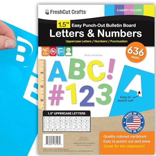 FreshCut Crafts 636 Pcs 1.5 in. Happy Colors Bulletin Board Letters & Numbers, Capital Alphabet, Numbers, Punctuation, US Made Card Stock Punch Out Letters for Posters, Bulletin Boards, Classroom - Image 1
