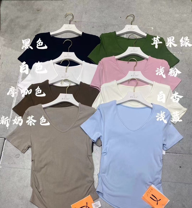 Irregular V Neck Short-Sleeved Right Shoulder T-Shirt For Women In Summer Slim Fit Inner T-Shirt Design Niche Clavicle Top To Reduce Age - Image 1