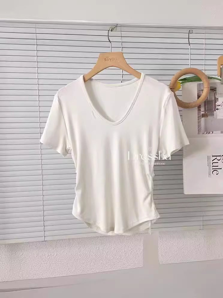 Irregular V Neck Short-Sleeved Right Shoulder T-Shirt For Women In Summer Slim Fit Inner T-Shirt Design Niche Clavicle Top To Reduce Age - Image 5