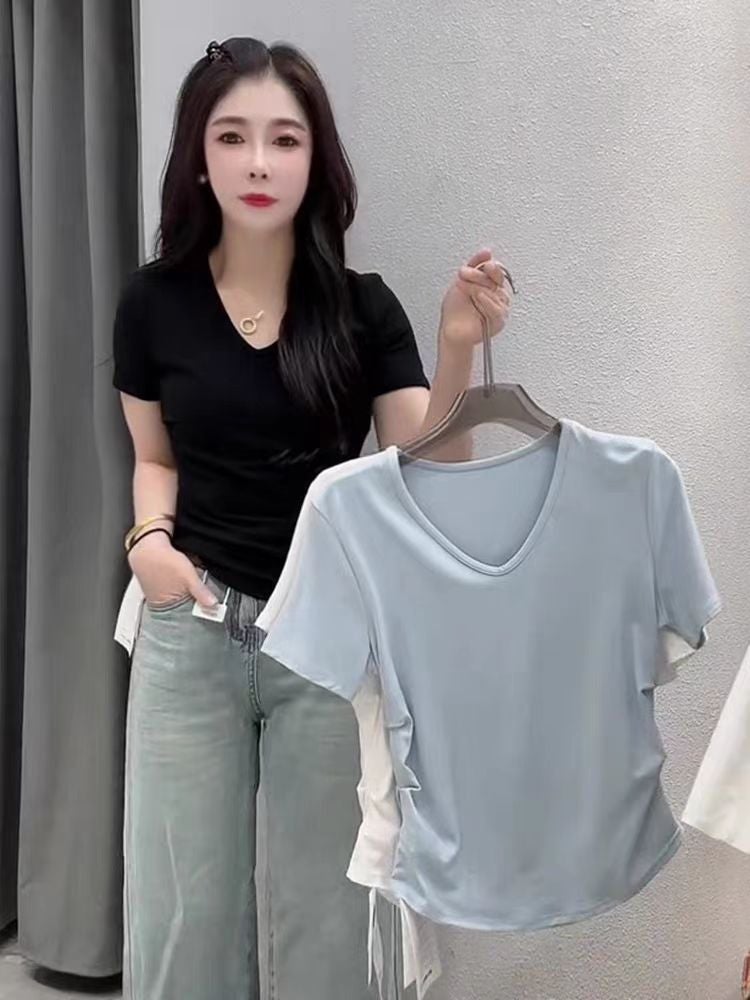 Irregular V Neck Short-Sleeved Right Shoulder T-Shirt For Women In Summer Slim Fit Inner T-Shirt Design Niche Clavicle Top To Reduce Age - Image 4