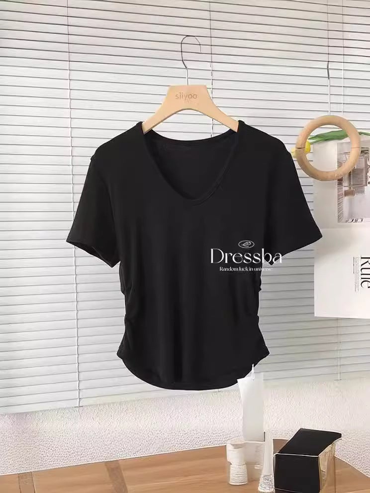 Irregular V Neck Short-Sleeved Right Shoulder T-Shirt For Women In Summer Slim Fit Inner T-Shirt Design Niche Clavicle Top To Reduce Age - Image 3