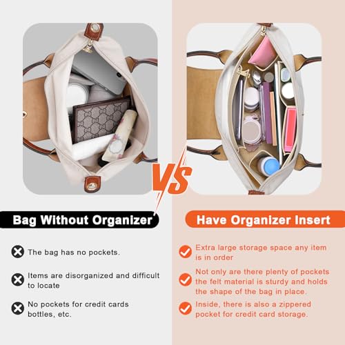 LOUKAYCCI Purse Organizer Insert for Longchamp Le Pliage M Handbag Insert Felt Long Champ Tote Bag Organizer Insert with Cup (Beige, Medium) - Image 3