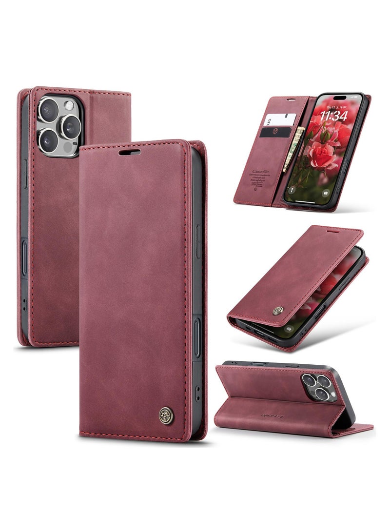 CaseMe Phone Case Luxury PU Leather Design 013 Flip Cover Card Slot Holder Cover For IPhone 16 Pro Max (Wine Red) - Image 1
