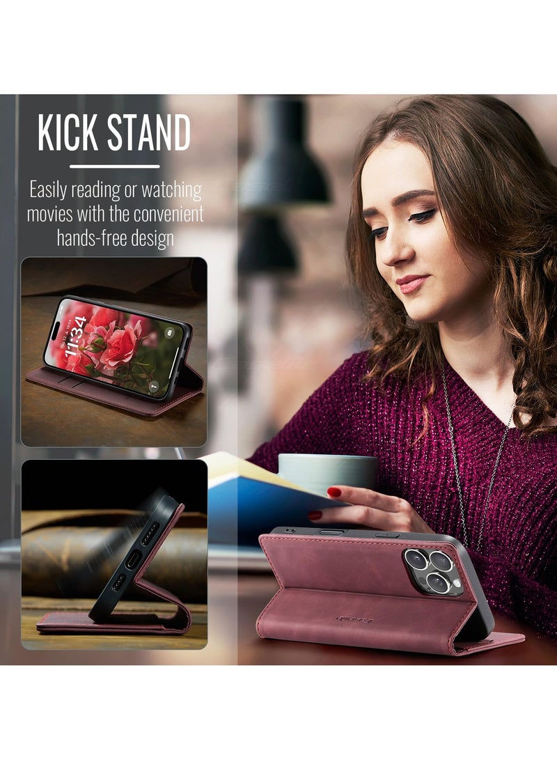 CaseMe Phone Case Luxury PU Leather Design 013 Flip Cover Card Slot Holder Cover For IPhone 16 Pro Max (Wine Red) - Image 2