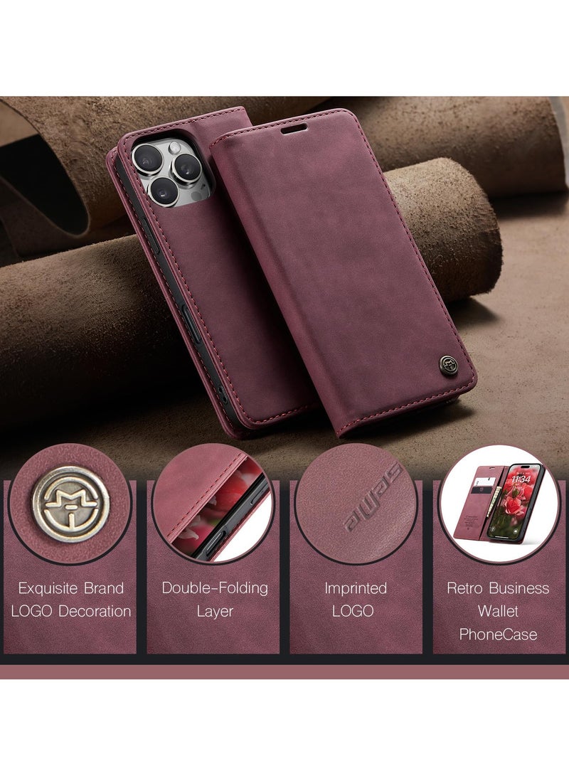 CaseMe Phone Case Luxury PU Leather Design 013 Flip Cover Card Slot Holder Cover For IPhone 16 Pro Max (Wine Red) - Image 3