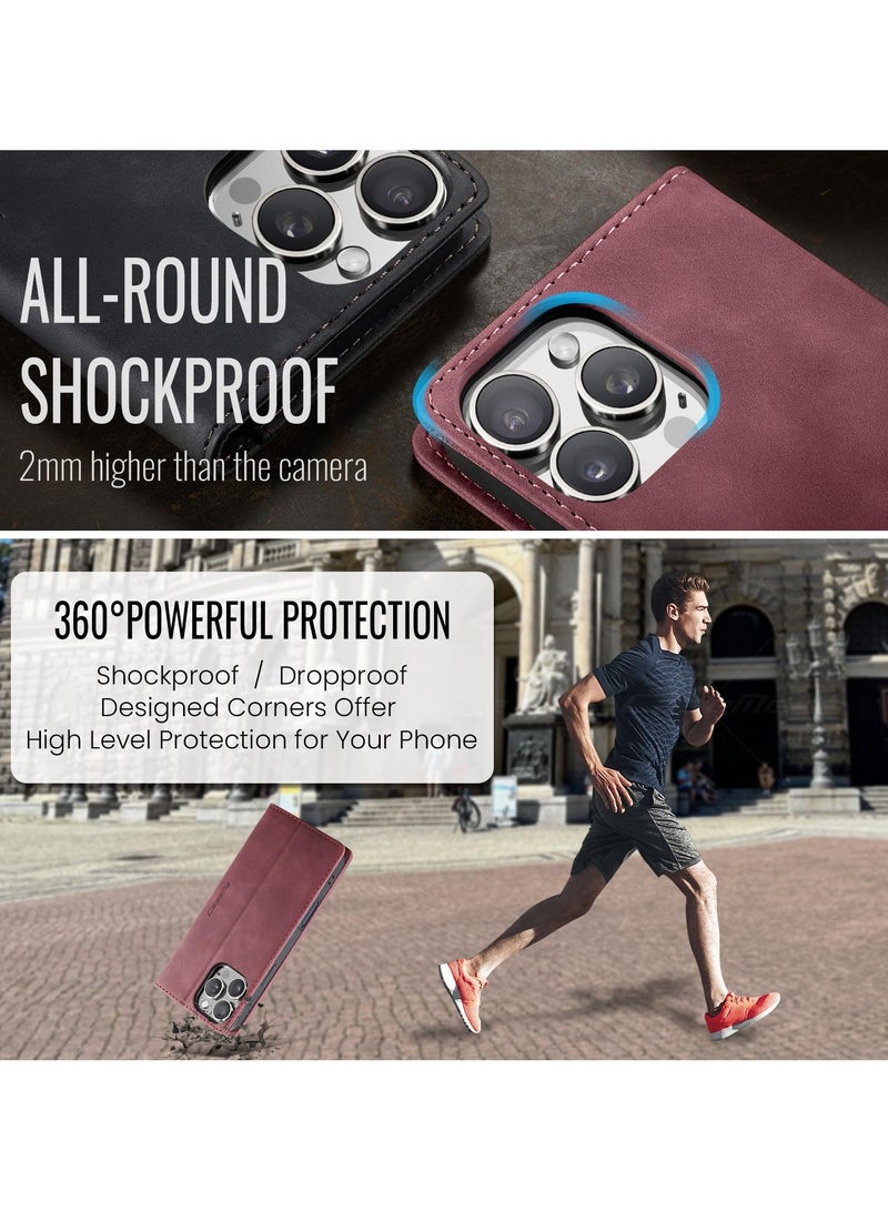 CaseMe Phone Case Luxury PU Leather Design 013 Flip Cover Card Slot Holder Cover For IPhone 16 Pro Max (Wine Red) - Image 4