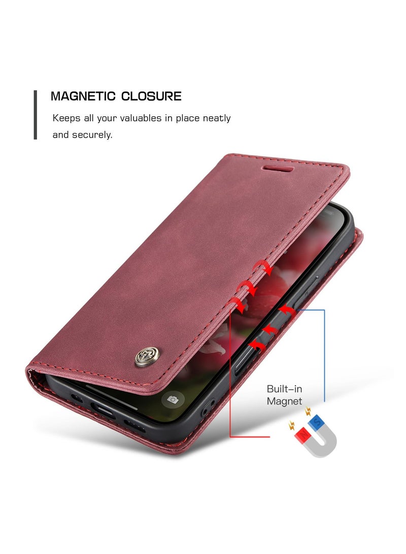 CaseMe Phone Case Luxury PU Leather Design 013 Flip Cover Card Slot Holder Cover For IPhone 16 Pro Max (Wine Red) - Image 5
