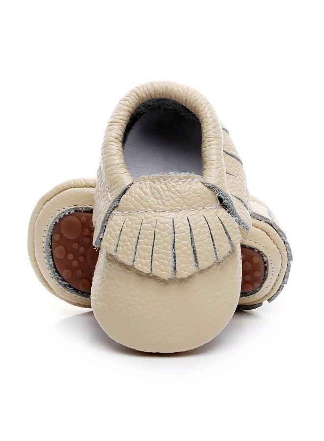 HONGTEYA Leather Baby Moccasins Hard Soled Tassel Crib Toddler Shoes for Boys and Girls…, Beige, 18-24 Months - Image 1