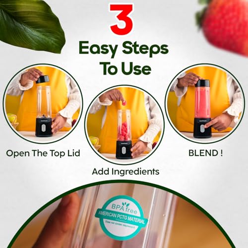 InstaCuppa Stainless Steel Portable Blender for Smoothies & Juices,Mixer Juicer that Crushes Ice,Electric Shaker USB Rechargeable Battery with 4000 mAh 230 Watts Motor,500 ML Juice Maker,Black - Image 4