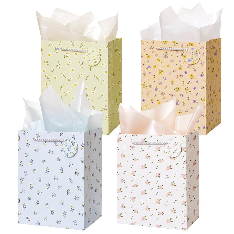 Crisky Bags for Small Business, 4 Pack Medium Gift Bags with Handles, Wildflower Floral Wedding Gift Bag Medium Size Goodie Bags with Tissue Paper for Bridal Shower, Engagement, Birthday, Graduation - Image 1