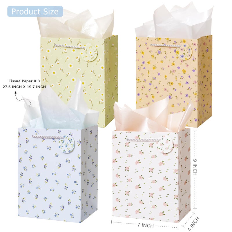 Crisky Bags for Small Business, 4 Pack Medium Gift Bags with Handles, Wildflower Floral Wedding Gift Bag Medium Size Goodie Bags with Tissue Paper for Bridal Shower, Engagement, Birthday, Graduation - Image 2