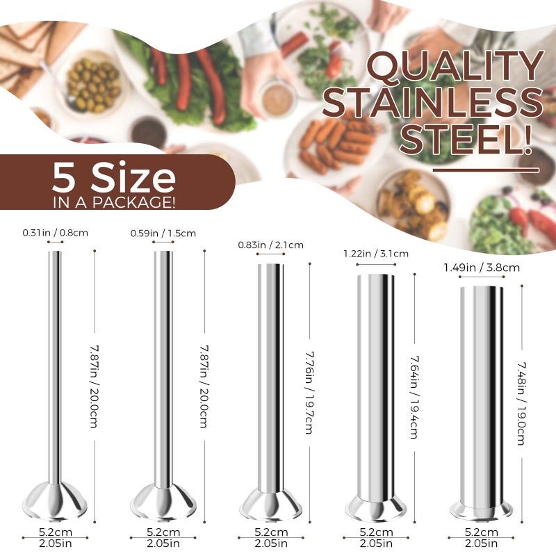 Wutfly 5-Piece Stainless Steel Sausage Stuffer Tubes for #5 Stuffer, Food-Grade Sausage Stuffing Funnels (8mm, 15mm, 21mm, 31mm, 38mm), 52mm Base Diameter Replacement Horns for Home Sausage Making - Image 2