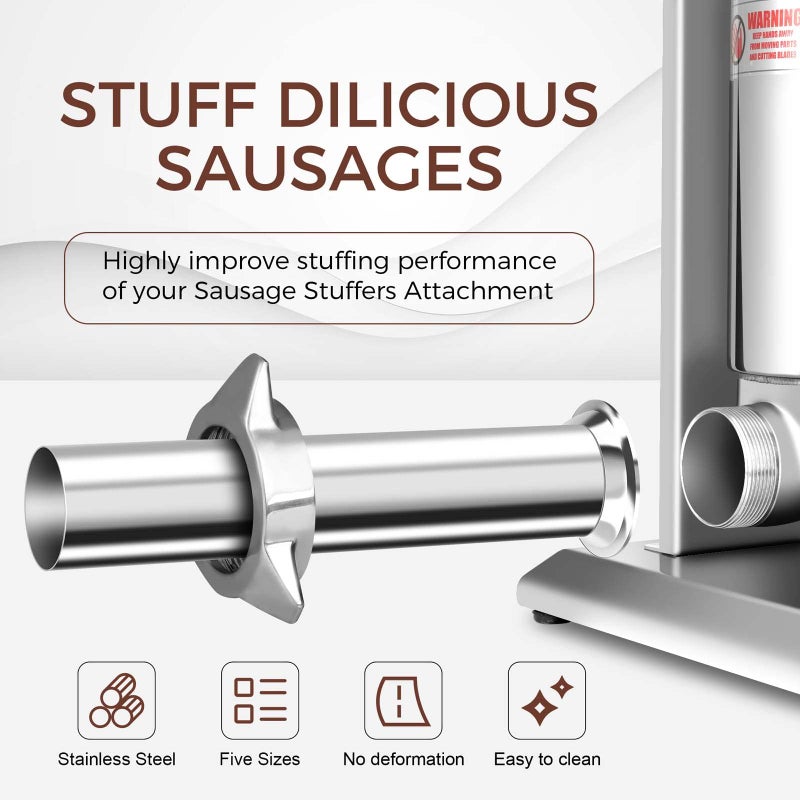 Wutfly 5-Piece Stainless Steel Sausage Stuffer Tubes for #5 Stuffer, Food-Grade Sausage Stuffing Funnels (8mm, 15mm, 21mm, 31mm, 38mm), 52mm Base Diameter Replacement Horns for Home Sausage Making - Image 4