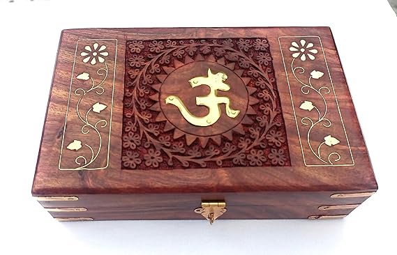 CRAFTCASTLE CRAFTCASTL Handmade Wooden Jewellery Box for Women | Jewel Organizer | Décor Gift Item | OM Box for Good Luck (8x5x2.5) Inches - Image 1