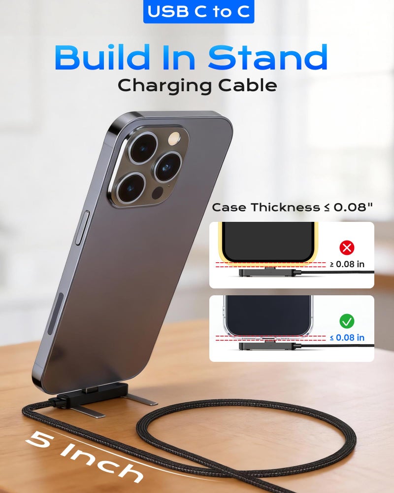 LOOHOI USB C to USB C Cable, 240W Fast Charging Cable with Built-in Phone Stand (5 FT, Black), Durable Braided Type-C Cable with 90Â° Angled T-Shaped Stand (2PCS) - Image 3