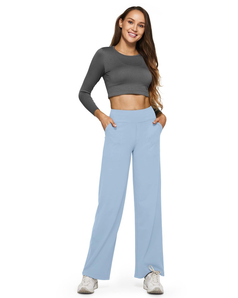 G4Free High Wasit Wide Leg Yoga Pants with Pockets for Women Loose Casual Realaxed Fit Comfy Sweatpants(Baby Blue,L,Petite) - Image 5