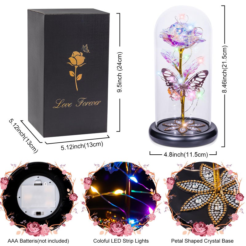 Pusuny Roses Gifts for Women Birthday Gifts for Women  Galaxy Glass Rose Flower Forever Eternal Crystal Light Up Rose in Glass Dome with Butterfly Gifts for Women Her Mom Friends Colorful - Image 3