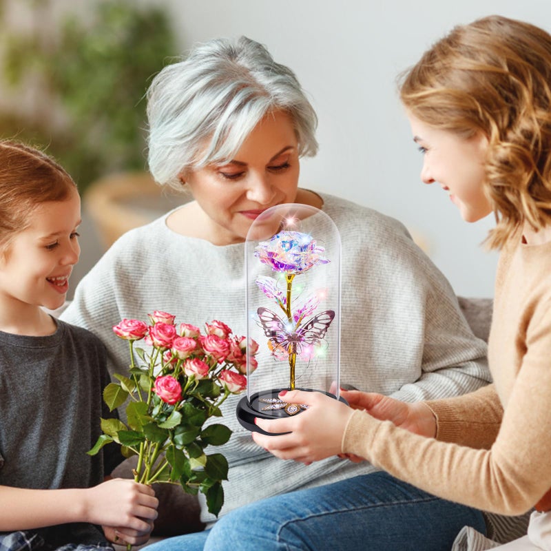 Pusuny Roses Gifts for Women Birthday Gifts for Women  Galaxy Glass Rose Flower Forever Eternal Crystal Light Up Rose in Glass Dome with Butterfly Gifts for Women Her Mom Friends Colorful - Image 4