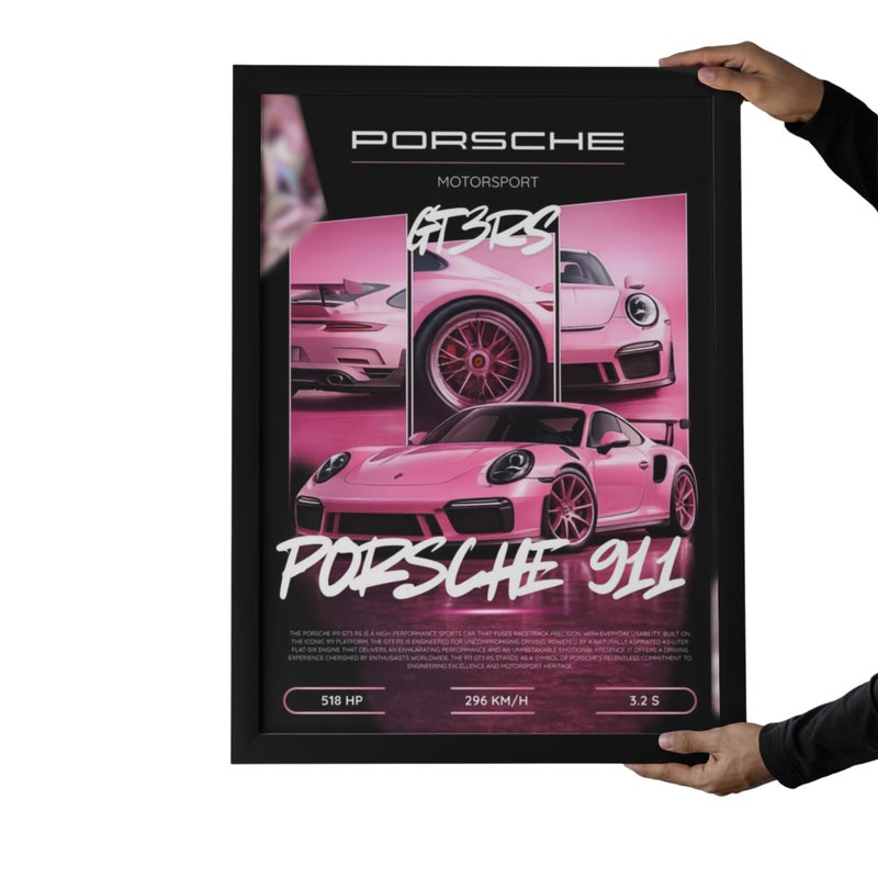 911 GT3 RS Motorsport Wall Poster, Pink, Black Wooden Frame, 30x40 cm - Image 1