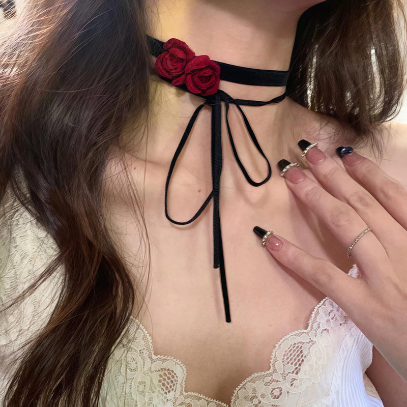 eartif Flower Choker for Women Adjustable Lace-up Velvet Floral Velvet Handmade Rope Rose Collar Choker Necklace for Party Gift for Women (Red) - Image 4