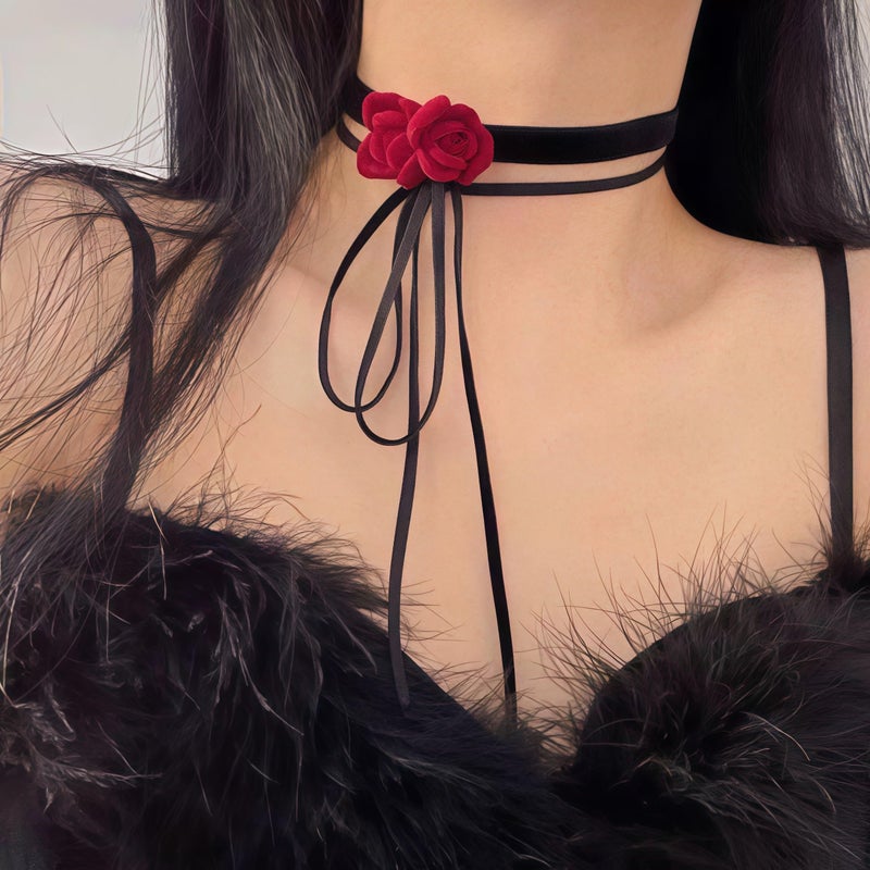 eartif Flower Choker for Women Adjustable Lace-up Velvet Floral Velvet Handmade Rope Rose Collar Choker Necklace for Party Gift for Women (Red) - Image 2