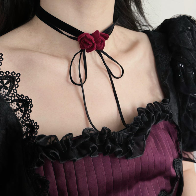 eartif Flower Choker for Women Adjustable Lace-up Velvet Floral Velvet Handmade Rope Rose Collar Choker Necklace for Party Gift for Women (Red) - Image 5