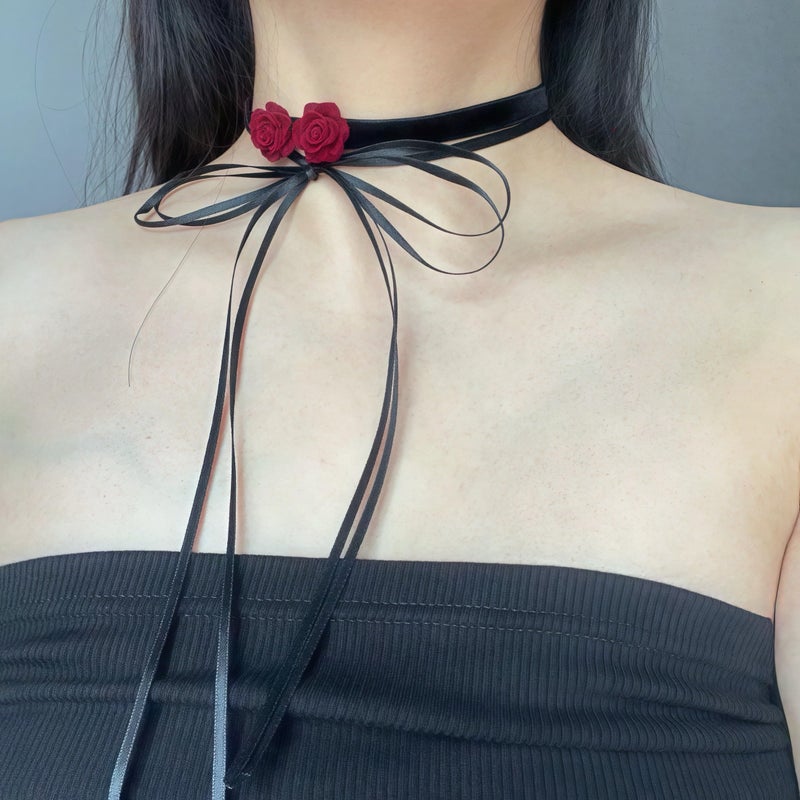 eartif Flower Choker for Women Adjustable Lace-up Velvet Floral Velvet Handmade Rope Rose Collar Choker Necklace for Party Gift for Women (Red) - Image 3