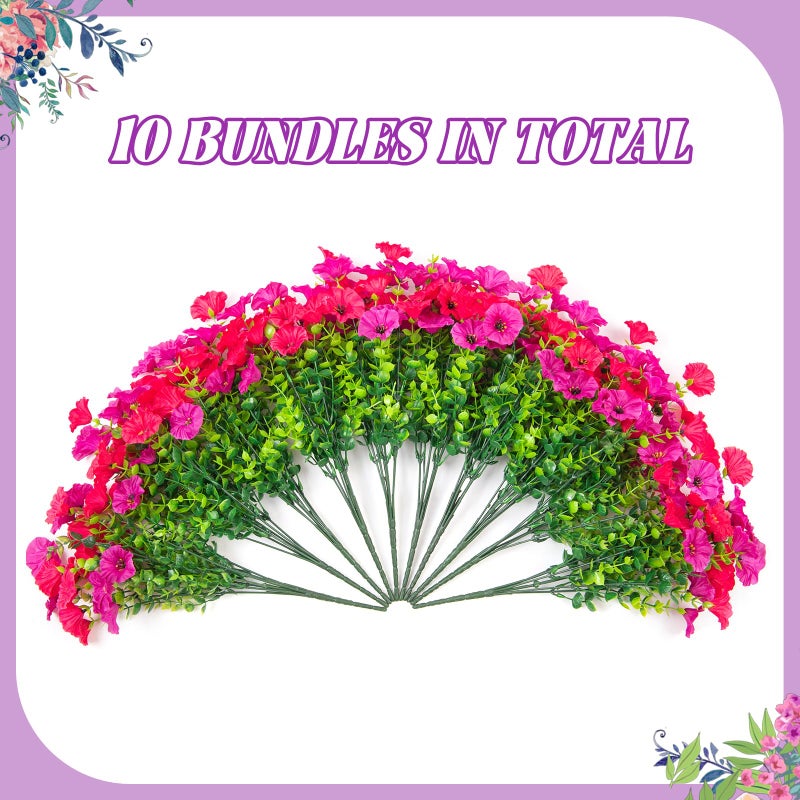 Hrobek Artificial Flowers for Outdoors  10 Bundles Fake Plastic Flower Plant  Faux Colorful Silk Morning Glory Eucalyptus for Spring Summer Outside Garden Porch Front Door Decor  Rose Purple - Image 2