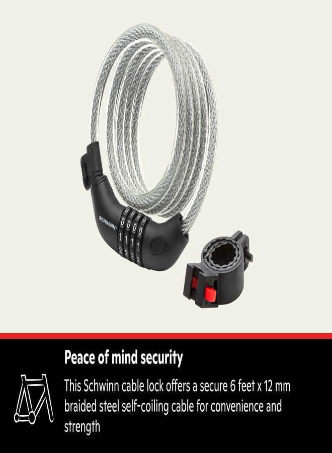 Schwinn Bike Combination Cable Lock, 6 ft x 12 mm, Black & Silver, Durable Steel, Vinyl Cover, Carrying Bracket for Storage and Transport, Anti Theft Protection, Bike Lock Cable for Security - Image 2