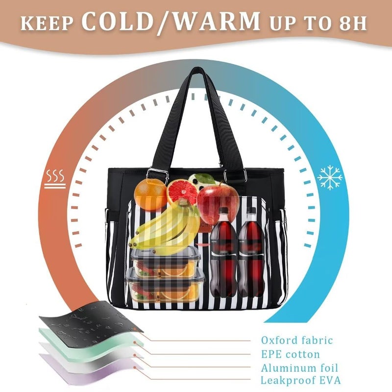 HSHRICH Large Women Lunch Bags for Work/Insulated Adult Lunch Box for Women. Reusable Lunch Cooler Purse for Work Picnic Hiking 14L, Black Stripes - Image 4