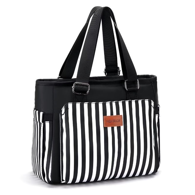 HSHRICH Large Women Lunch Bags for Work/Insulated Adult Lunch Box for Women. Reusable Lunch Cooler Purse for Work Picnic Hiking 14L, Black Stripes - Image 1
