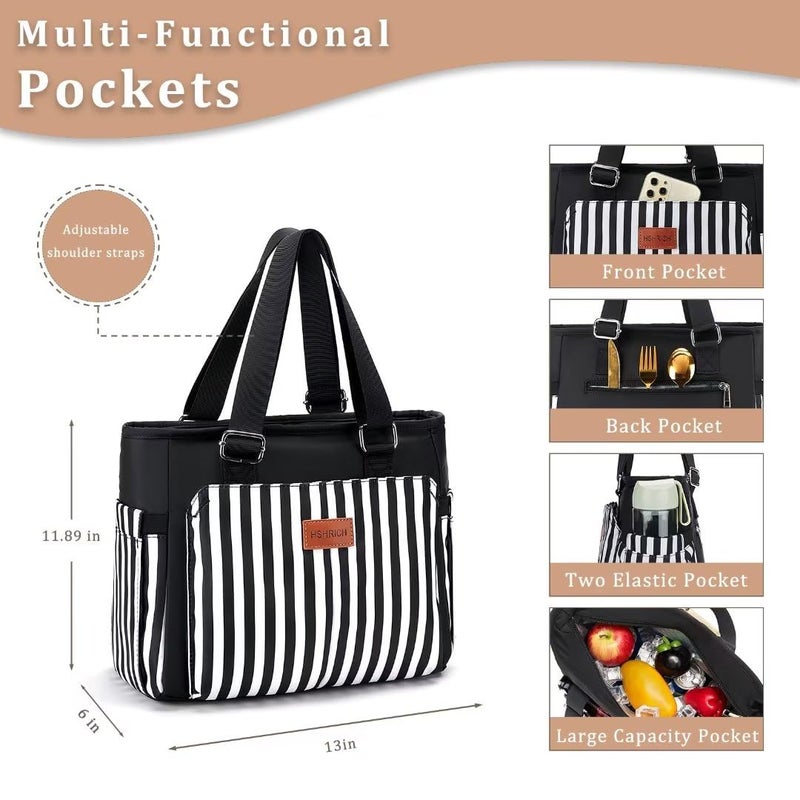 HSHRICH Large Women Lunch Bags for Work/Insulated Adult Lunch Box for Women. Reusable Lunch Cooler Purse for Work Picnic Hiking 14L, Black Stripes - Image 2