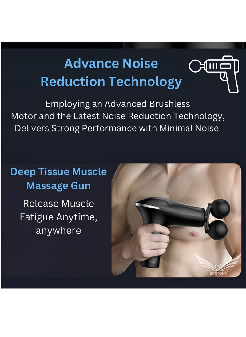 BORTONY - Massager Gun Pro Deep Tissue Therapy Pain Relief Body Massager Tool Double-Headed Electric Vibration Percussion Muscle Quiet Massage Device 6 Speed Portable Handheld Back Massager - Image 1
