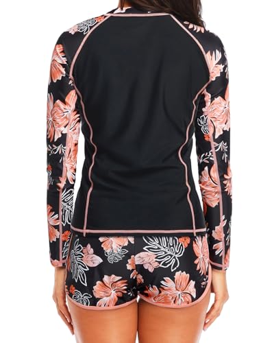 Daci Womens Long Sleeves Rash Guard 2 Piece Swimsuits with Built in Bra Swim Shirt and Shorts with Pockets Orange Floral S - Image 3