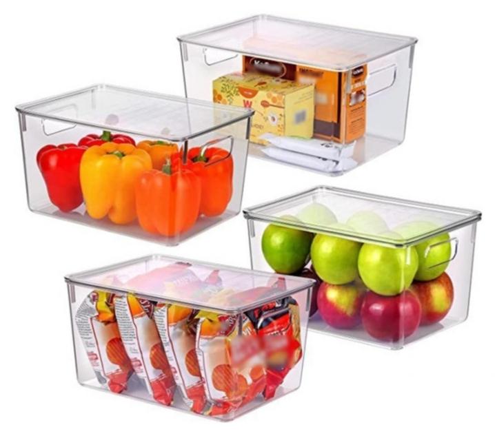 4pcs Clear Organizers and Storage Bins with Lids, Stackable Plastic Storage Containers with Handles for Fridge, Freezer, Pantry, Cabinet, Kitchen Organization and Storage - Image 1