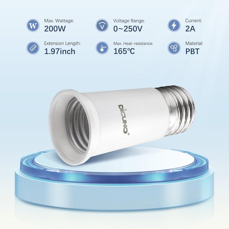 DiCUNO E26 Socket Extender, E26 Standard Medium Base Lamp Bulb Socket Adapter of 5CM/1.97 Inch Extension, Max 200W, Light Bulb Extender, 2 Pcs - Image 2