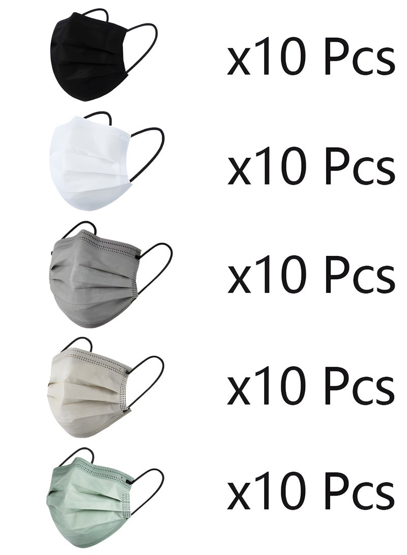 50 Pcs Disposable Masks in 5 Colors (White, Black, Hazy Gray, Vermilion Green, And Khaki Gray), Containing Activated Carbon and Meltblown Layers, Providing Four Layers of Protection, Effectively Blocking Dust, Pollen, And Droplets, With Comfortable Ear Loops, Suitable for Daily Wear - Image 1