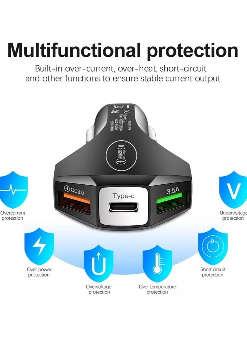 Car Charger, 35W Type C + Dual USB QC 3.0 Car Charger with Safety Hammer, Fast Charging for iPhone 14 Pro Max, 13, 12, iPad Air/Mini, Samsung Galaxy S21, Note 20, and More - Image 3