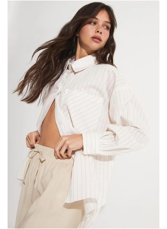 JUNE June Striped Detailed Loose Fit Shirt Brown