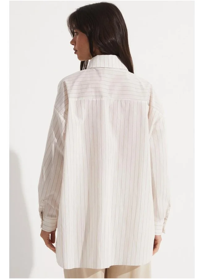 JUNE June Striped Detailed Loose Fit Shirt Brown