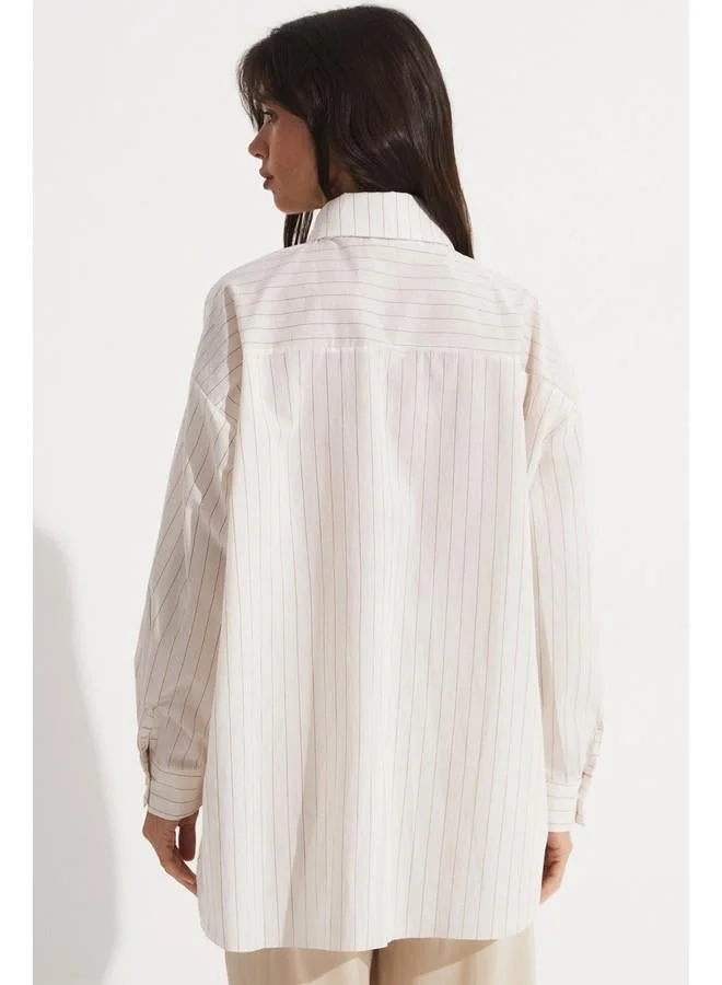 JUNE June Striped Detailed Loose Fit Shirt Brown
