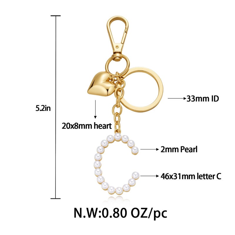 FAUTHENTICUTE Initial Letter Keychains For Women Gold Keyrings With Gold Puffy Heart And Imitation Pearl Letter C Charm Purse Accessories Gift Bag Charms - Image 4
