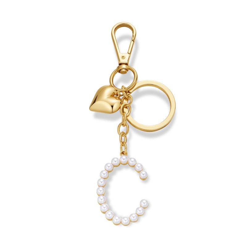 FAUTHENTICUTE Initial Letter Keychains For Women Gold Keyrings With Gold Puffy Heart And Imitation Pearl Letter C Charm Purse Accessories Gift Bag Charms - Image 1