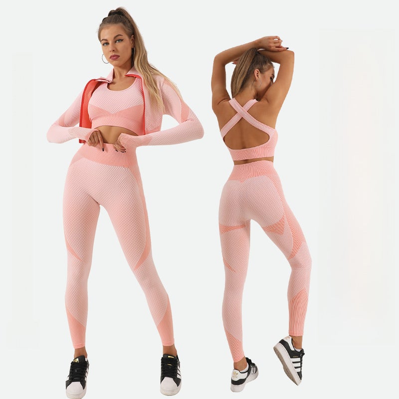 Striped Seamless Yoga Suit Long Pants Bra Set sapphire blue  - Image 4