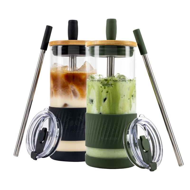PandalooÂ® Glass Cups With Lids and Straws -20 Fl Oz- Perfect Size Iced Coffee Cup - Smoothie Cup With Bamboo Lid and On the go Lid - (2 Count (Pack of 1), Black Saphir-Mediterranean Olive) - Image 1