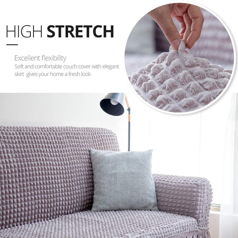 NICEEC Sofa Slipcover Grey Sofa Cover 1 Piece Easy Fitted Sofa Couch Cover Universal High Stretch Durable Furniture Protector with Skirt Country Style (3 Seater Lilac Gray) - Image 2