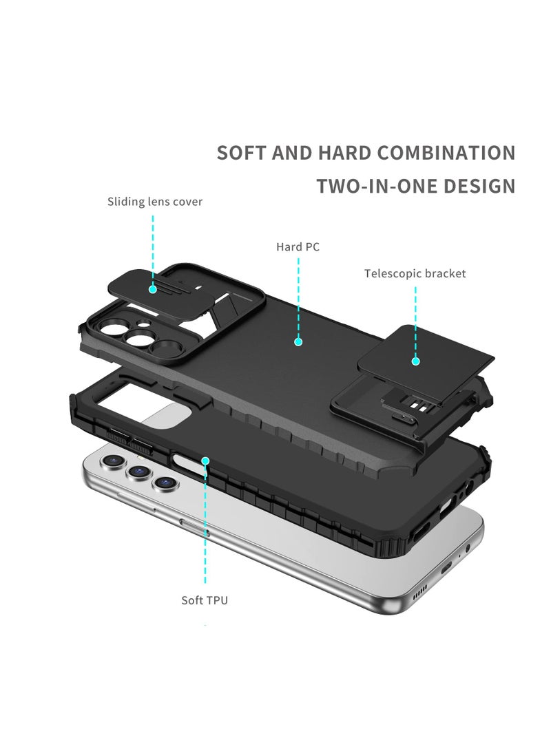 Samsung Galaxy A25 5G Black Mobile Phone Case Cover, Innovative Telescopic Bracket, Sliding Protection Camera Window, Bumper Shockproof Phone Back Cover  - Image 2