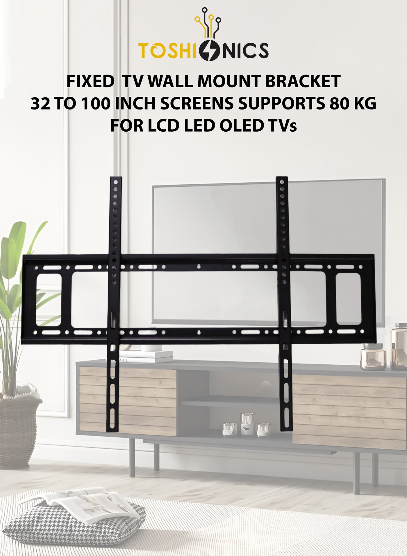 Ultra Strong Heavy Duty Fixed TV Wall Mount Bracket for LED and LCD TVs V80 Universal TV Mount with Built-in Cable Management Supports 32 to 100 Inch Screens VESA 200x200mm to 800x600mm Max Load 80kg Slim and Secure Steel TV Wall Bracket for Flat and Curved Panel Televisions black