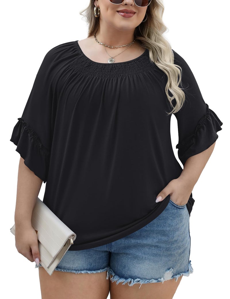 Micoson 3/4 Length Sleeve Womens Tops Plus Size Peasant Tops for Women Boho Blouse Cotton Tops for Women Loose Fit Summer Shirt Black - Image 4
